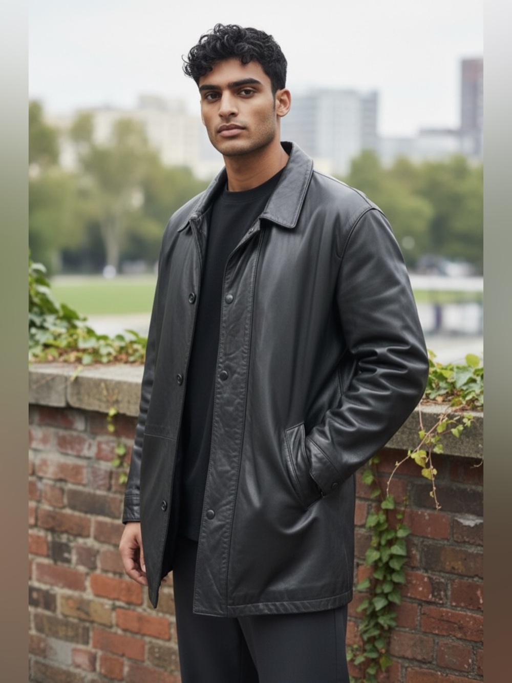 Men's Black Leather Trench Coat - Minimal Button Front